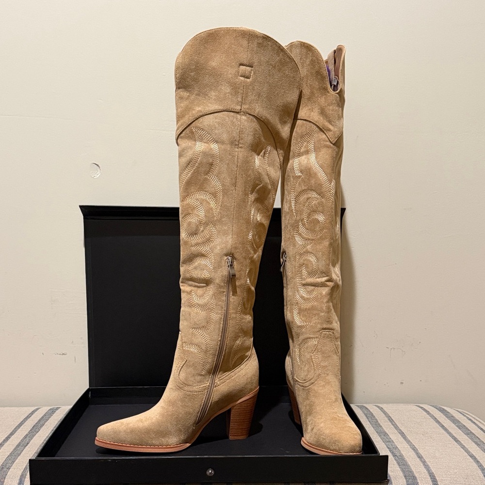 Isnom Tan Faux Suede Over the Knee-High Boots - Picture 3 of 13